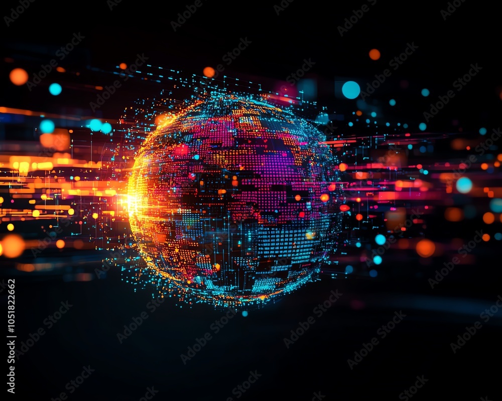 Poster 3d earth globe with floating digital data blocks, interconnected by glowing virtual lines, modern cy