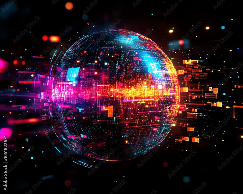 Poster 3d earth globe with floating digital data blocks, interconnected by glowing virtual lines, modern cy