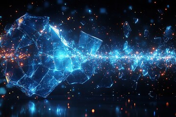 Fototapeta premium Abstract blue and orange glowing particles with a shattered crystal in the center.