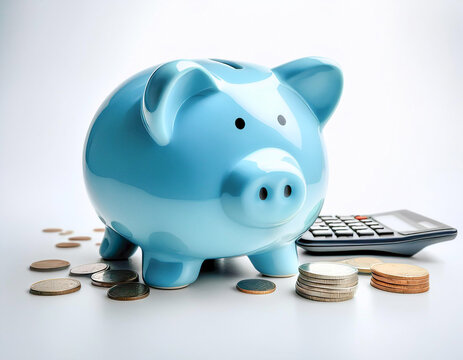 Hucha cerdito con monedas alrededor y calculadora sobre una mesa y fondo blanco, concepto de aislamiento t&eacute;rmico ahorro de energ&iacute;a y eficiencia energ&eacute;tica en el hogar y dia mundial del dinero