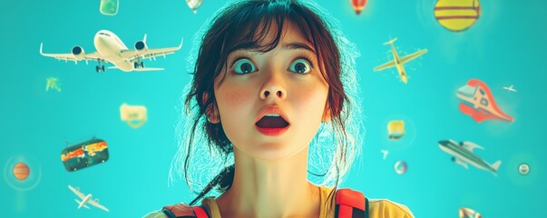 Animated portrait of a surprised woman, various travel icons floating around her, symbolizing a dream trip, vivid colors, fun and engaging atmosphere
