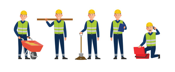 Simple flat 2d construction maintenance worker vector character in a set of multiple poses. Easy to edit and isolated on a white background. 