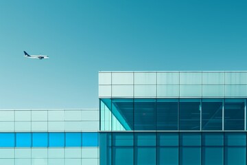 Obraz premium A futuristic airport terminal with sleek, curving architecture and reflective surfaces is shown. An airplane is flying overhead against a backdrop of a bright blue sky with scattered clouds