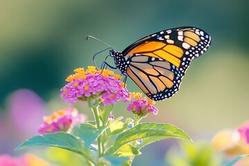 Obraz premium Monarch butterfly perched on colorful flowers in nature.