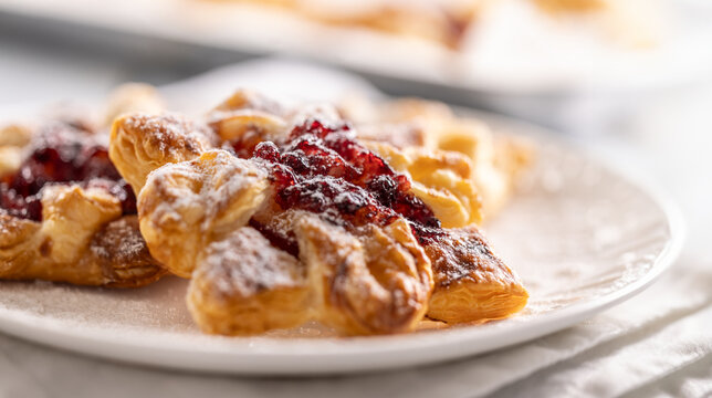 Sweet dessert pastries made of puff pastry with strawberry jam filled with caramelized apple sprinkled with powdered sugar