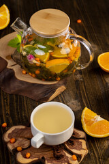 tea with orange and ripe sea buckthorn berries