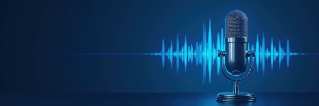 A sleek microphone with a soundwave visual, perfect for illustrating podcast content, audio production, or broadcasting themes in digital media.