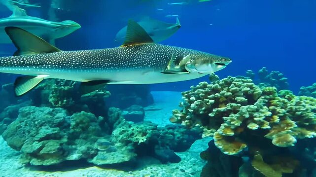 A beautiful closeup epaulette walking shark known stunning spots long tail gracefully swimming aquarium captured highquality 4K footage spot marine life underwater reef ocean tropical coral fin gill
