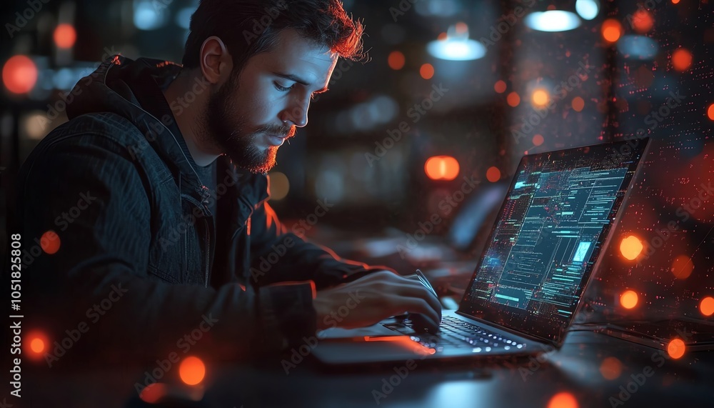 Aufkleber cybersecurityfocused developer on laptop, bug detection interface surrounding, dark workspace, inten