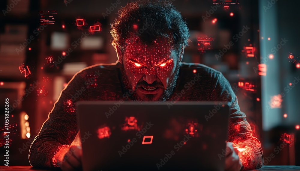 Poster developer with intense expression, laptop in hand, surrounded by bug detection cybersecurity interfa
