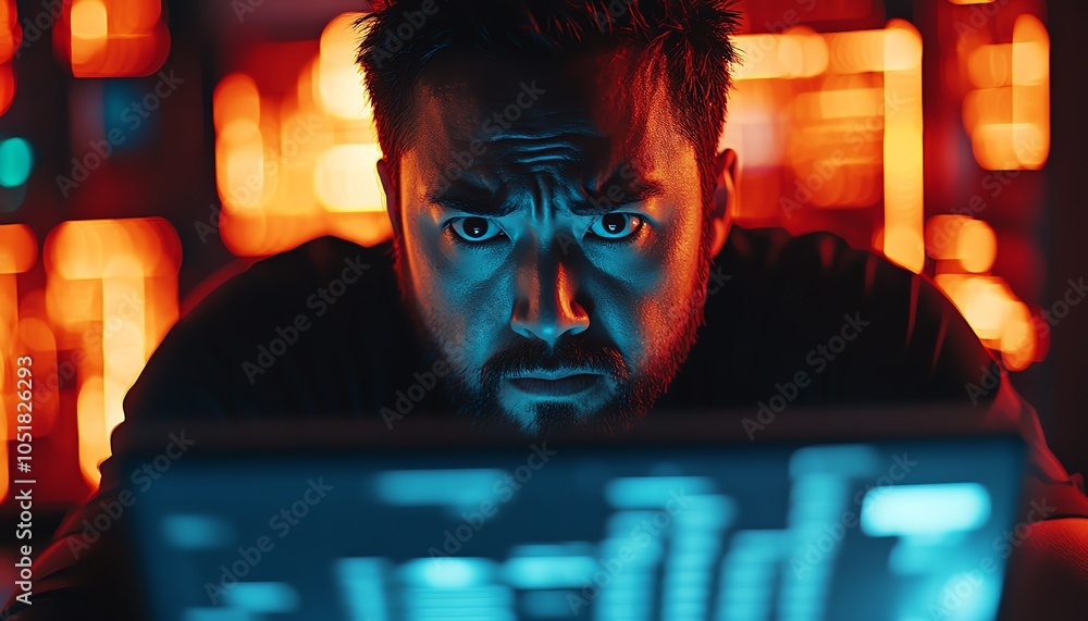 Poster developer with intense expression, laptop in hand, surrounded by bug detection cybersecurity interfa
