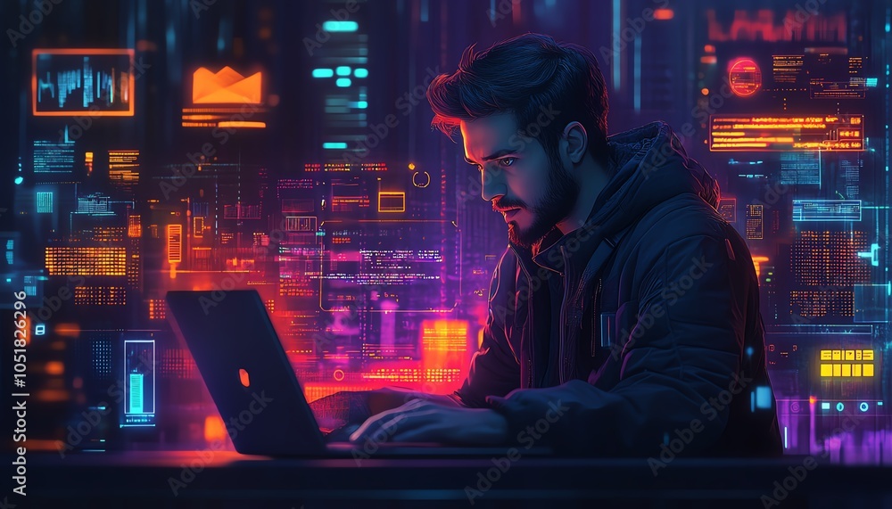 Poster developer with intense expression, laptop in hand, surrounded by bug detection cybersecurity interfa