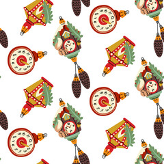 A pattern of Soviet Christmas tree toys. Glass toys. Clocks, street lamps, cuckoo clocks, vintage-colored illustrations, Christmas motifs, decorative items. Festive decorations for the Christmas tree