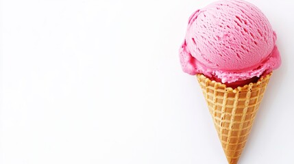 Pink Ice Cream in Waffle Cone on White Background