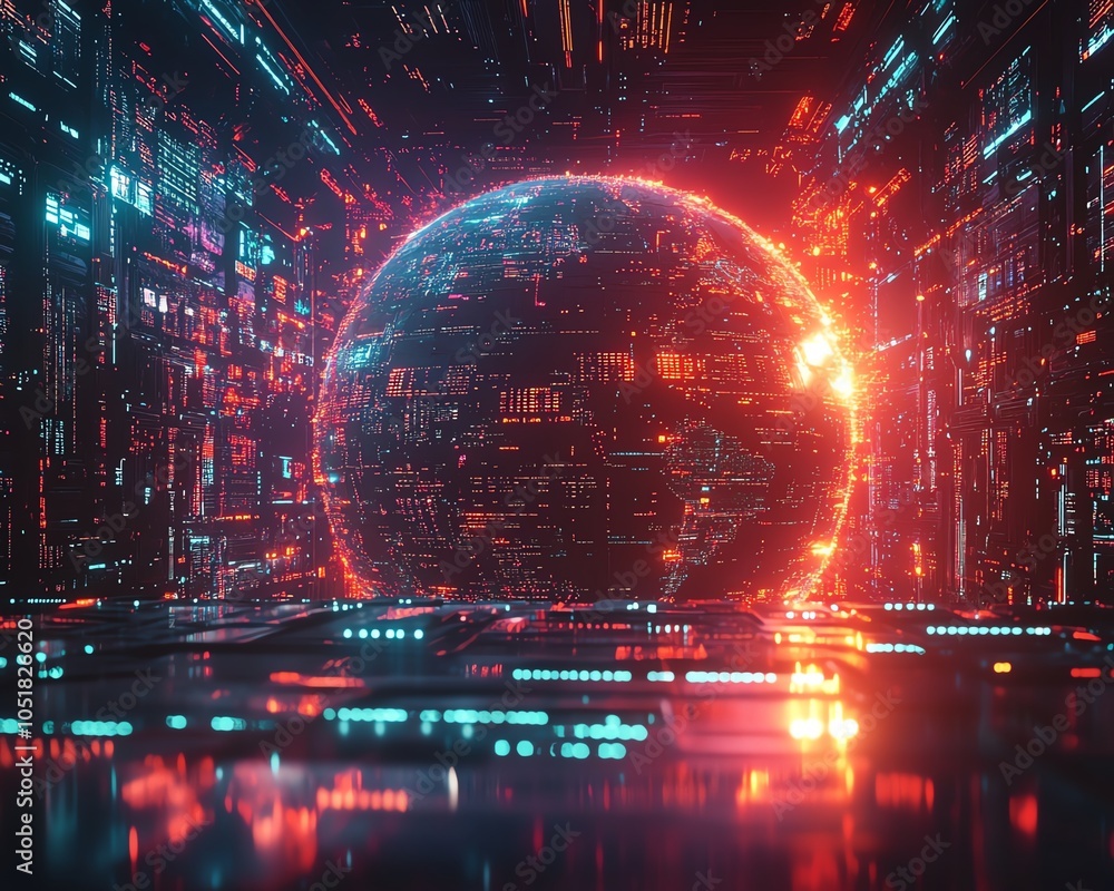 Poster digital earth globe with animated data blocks, virtual connections forming a global network, futuris