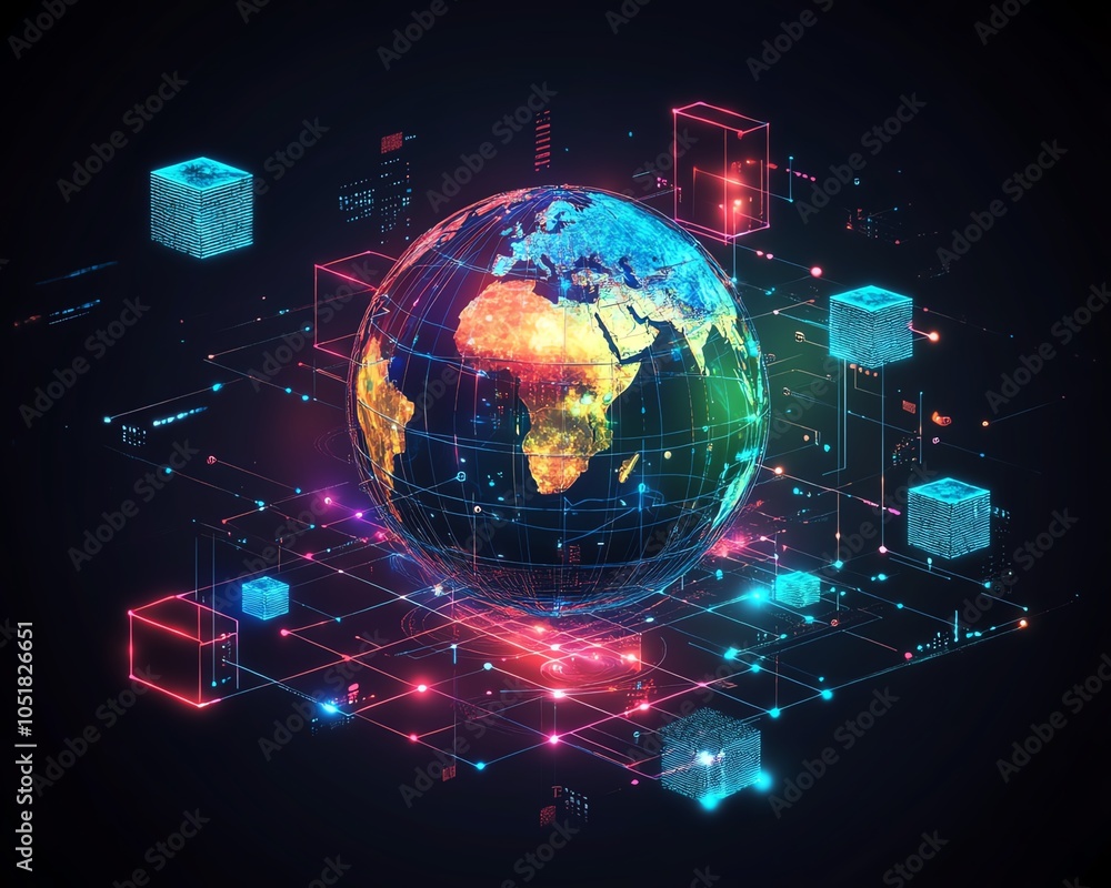 Poster digital earth globe surrounded by colorful data blocks and virtual connection lines, vibrant techins