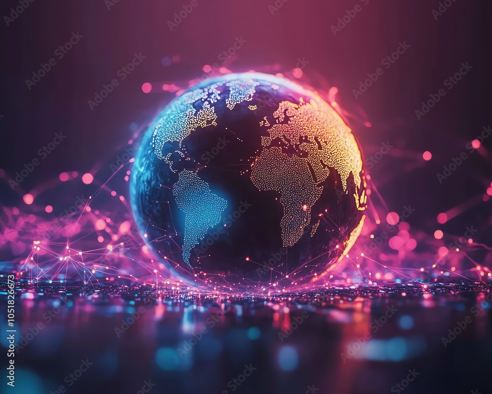Aufkleber digital earth globe with animated data blocks, virtual connections forming a global network, futuris