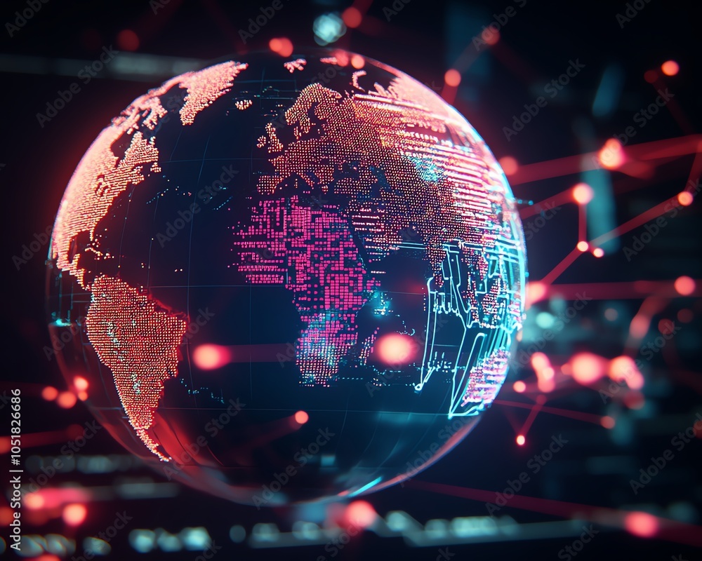 Aufkleber digital earth globe with animated data blocks, virtual connections forming a global network, futuris