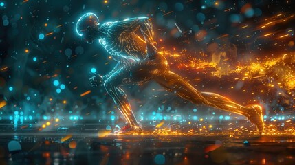 Obraz premium action marathon running shot. professional track and field athlete running wearing Lace running sports wear, Tron vibes. 