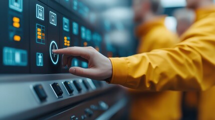 Fototapeta premium A close-up of a hand pressing a control button on a modern interface, with people in yellow jackets blurred in the background.