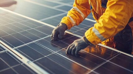Worker installing solar panels in outdoor setting. Solar energy and renewable power concept.