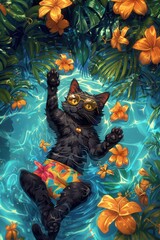 illustration black cat wearing swimming trunks and gold sunglasses is lying on its back in the pool, holding up one hand to smile at you with yellow eyes. The background color of the illustration is b