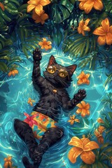 illustration black cat wearing swimming trunks and gold sunglasses is lying on its back in the pool, holding up one hand to smile at you with yellow eyes. The background color of the illustration is b
