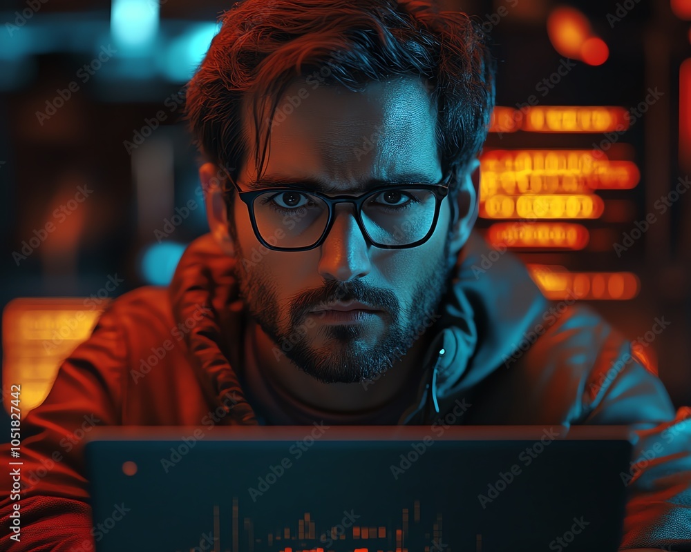 Poster focused developer holding laptop, digital bug warning interface surrounding, cybersecurity theme, fu