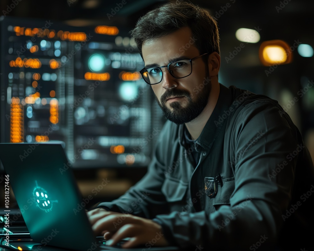 Poster focused developer holding laptop, digital bug warning interface surrounding, cybersecurity theme, fu