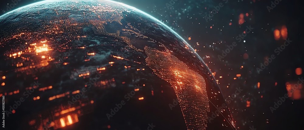 Poster futuristic earth globe displaying floating data blocks and glowing virtual connections, vibrant tech