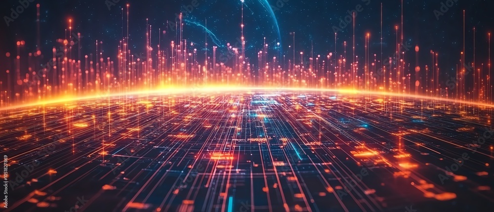 Aufkleber futuristic earth globe displaying floating data blocks and glowing virtual connections, vibrant tech