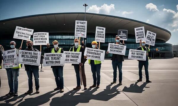 Striking airport workers protest.