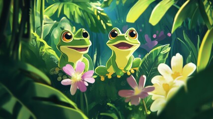 Fototapeta premium Frogs in lush jungle, vibrant colors, smiling expressions, tropical flowers