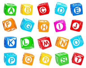 Alphabet from children's colored cubes.Abc cubes. Multi-colored children's toys made of plastic in the shape of squares on a white background with the image of letters. 