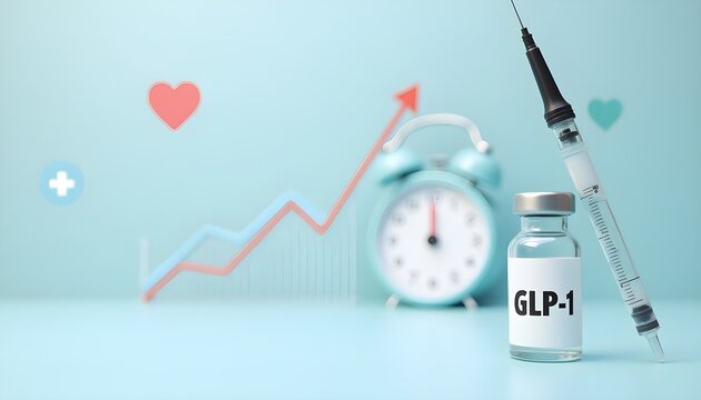 Glp-1 vial and syringe with growth chart and clock symbolizing health and time.