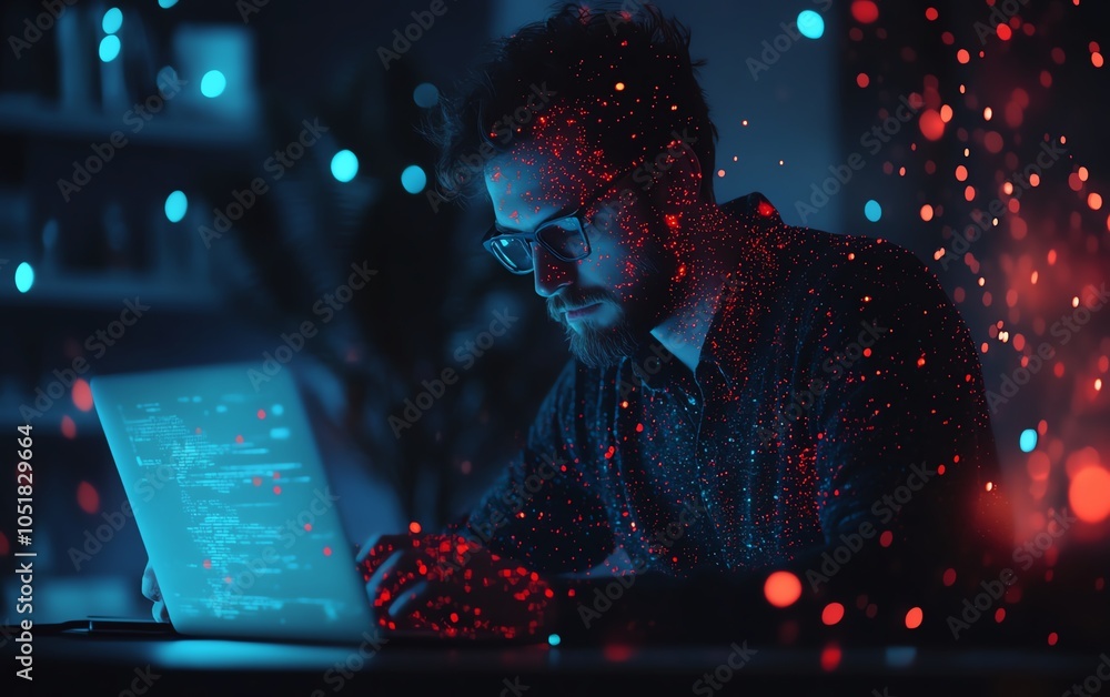 Poster portrait of developer working on laptop, cybersecurity bug interface visuals, glowing red and blue d
