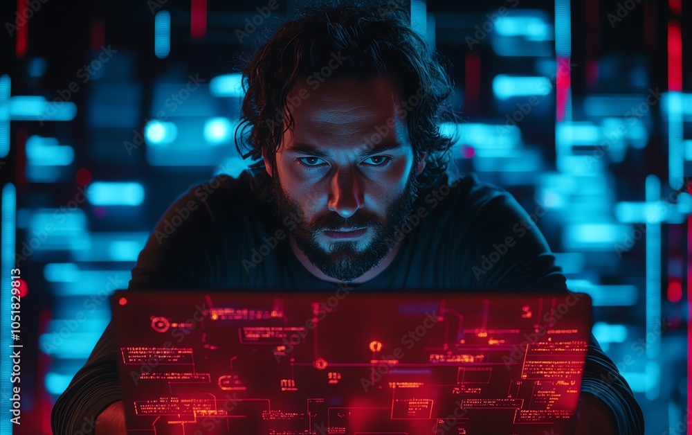 Poster portrait of software developer analyzing laptop, surrounded by cybersecurity bug icons and alerts, d