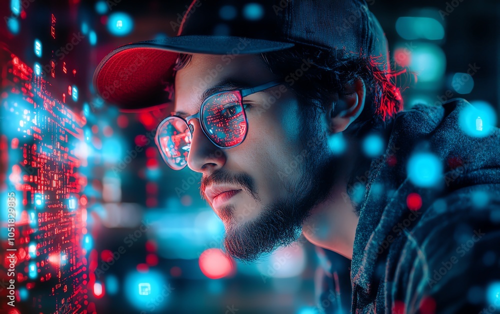 Poster portrait of software developer analyzing laptop, surrounded by cybersecurity bug icons and alerts, d