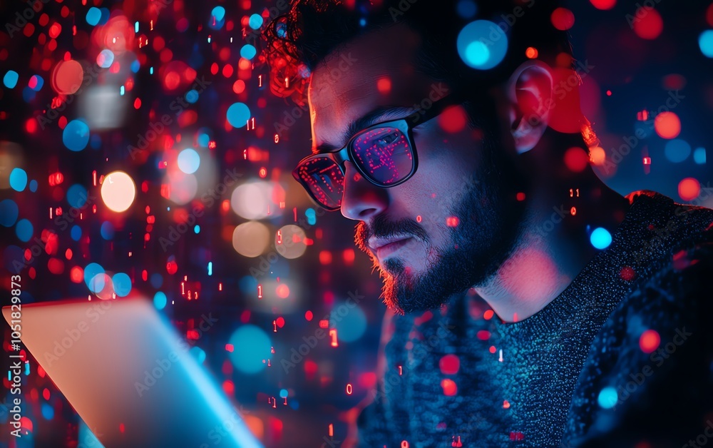 Poster portrait of software developer analyzing laptop, surrounded by cybersecurity bug icons and alerts, d