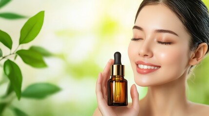 Fototapeta premium Woman Holding Dropper Bottle of Facial Serum with Natural Green Background