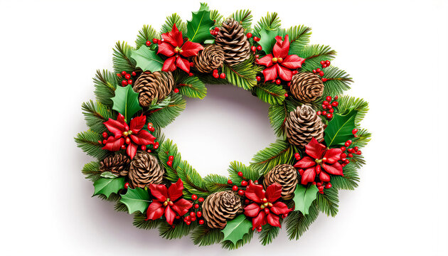 Artificial round Pine Cone Christmas Wreath with Hanging Fake Holly Leaves Xmas Wreath for Home Party Indoor Outdoor