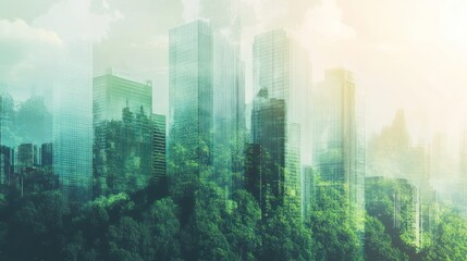 Fototapeta premium Cityscape with skyscrapers blended into forest. Sustainable urban development and eco-city concept.