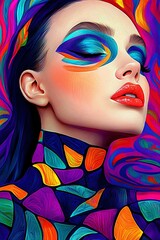 Fototapeta premium Professional Fashion Illustration, A strikingly minimalist female model, her face adorned with bold geometric makeup in vibrant blues and oranges. Her sleek, modern outfit is a fusion of Art Deco line