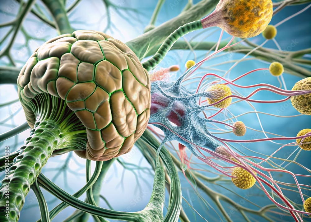Aufkleber 3d render of the nervous system: complex neurons and nerve cells with copy space for educational use