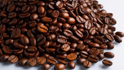 Obraz premium A close-up of rich, roasted coffee beans, showcasing their glossy texture and deep brown color, perfect for coffee-related projects or gourmet food themes