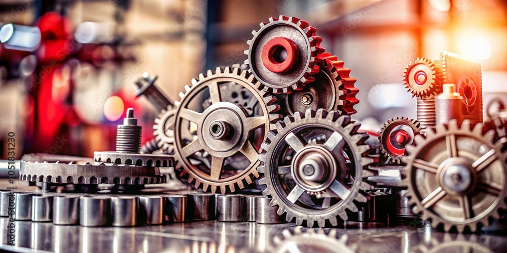Poster 3d rendering of gears in tilt-shift style for mechanical and industrial themes