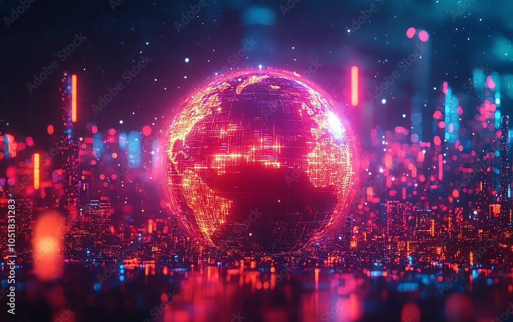 Poster stylish earth globe with animated data blocks, virtual connections glowing in a tech landscape, mode