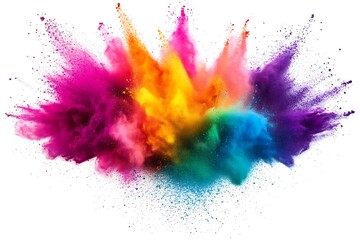 Fototapeta premium Colored powder explosion on background. Abstract closeup dust on backdrop. Colorful explode. Paint holi isolate on white.