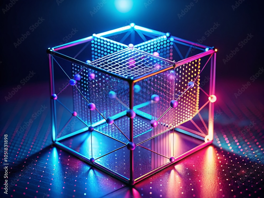 Poster abstract 3d grid cube design - minimalist wireframe structure for futuristic technology concepts