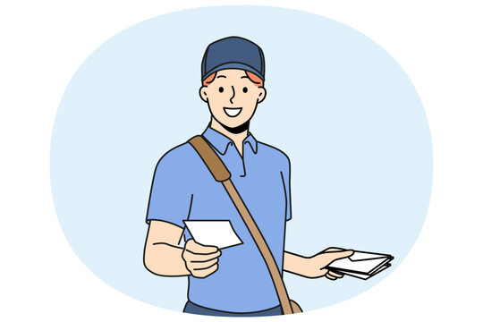 Guy works as postman and with smile holds out envelope with letter to screen, offering to use delivery correspondence. Man in postman clothes makes career in courier service or national postal company